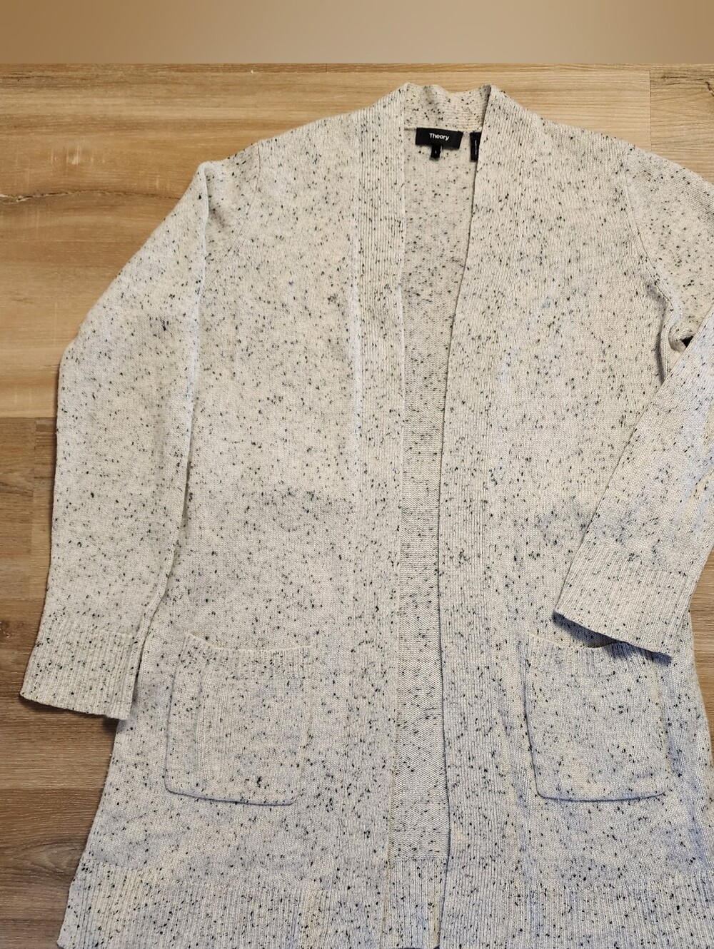 Theory Donegal Light Gray Speckled Open-Front 100% Cashmere Cardigan